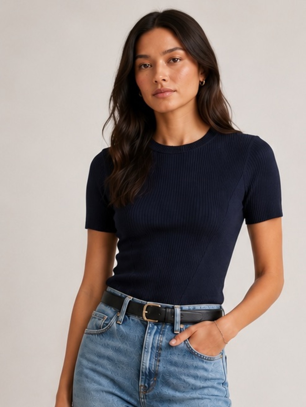 NORDSTROM Navy Ribbed Short Sleeve Top